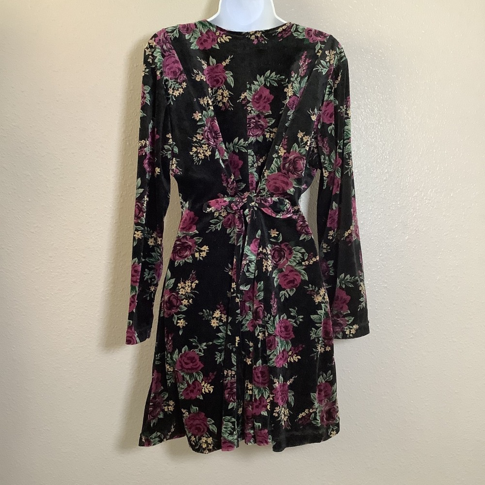 Vintage 90s Grunge Floral Velvet Witchy Whimsigoth Feminine Mini Dress L - Picture 3 of 6